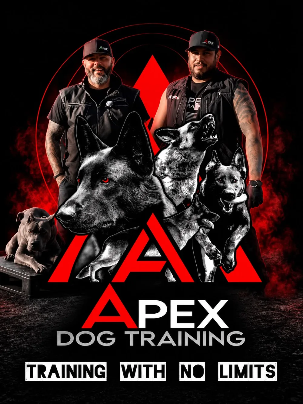 Juan Guzman and James Ramirez with their dogs, on the Apex team poster